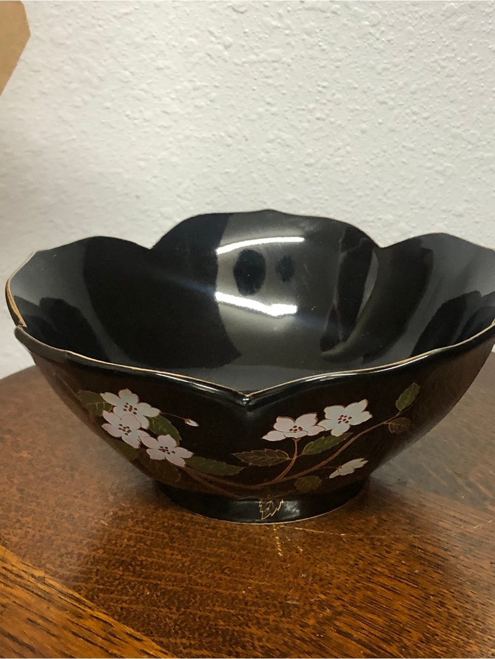 Vintage Japanese Black Luster Bowl - Gold Rim Flower & Butterfly